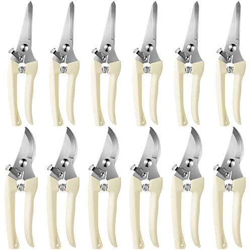 Therwen 12 Pcs Garden Shears Flower Scissors Pruning Shears Floral Garden Clippers Hand Pruners Branch Cutter Gardening Tools for Plants Cutting, Trimming, Fruits Picking (Beige,Bypass, Straight)
