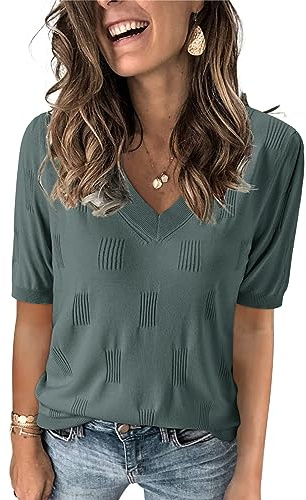Arach&Cloz Pullover Damen Kurzarm V Ausschnitt Sommer Frühling Bluse Strickpullover Basic Oberteile Strick Tops (Grey Green, Medium)