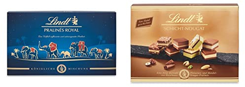 Lindt Schokolade - Royal Pralinen | 300 g & Schokolade - Schicht-Nougat Pralinen | 125 g | Pralinés-Schachtel mit 12 von Hand geschichteten Mandel-, Haselnuss- und Pistazien-Nougat Spezialitäten