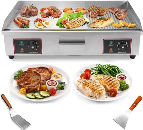 Plancha eléctrica Profesional de Acero Inoxidable 4000 W, 220-240 V, Placa de Parrilla de Hierro Fundido, Grill Electrico de Acero Inoxidable, Camping y Restaurantes 200W, Plata,822
