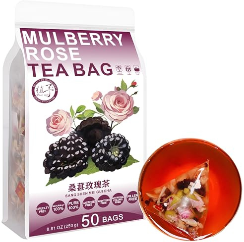 100% Pure Natural Herbal Tea, Mulberry Rose Tea Bag, 250g/8.81oz (5g*50bags), 桑葚玫瑰茶, hojas de olivo, poria, lirio, descafeinado, sin aditivos, no modificado genéticamente