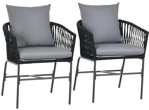 Outsunny 2er-Set Gartenstühle mit Kissen Boho-Stil Schwarz 57 x 60 x 71 cm | Gartenmöbel, Gartensessel Set, Gartenstuhl, Terrassenstuhl, Balkonstuhl, Metallrahmen