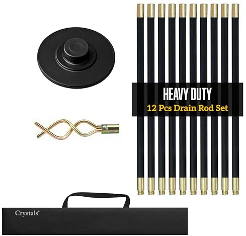 Crystals Drain Rods Set, Drainage Rods for Outside Drain Flexible, 12 Pcs / 9.2M Drain Unblocker with Heavy Duty Rubber Plunger & Double Worm Screw, Drainage Rods for Drain Cleaning with Carry Bag