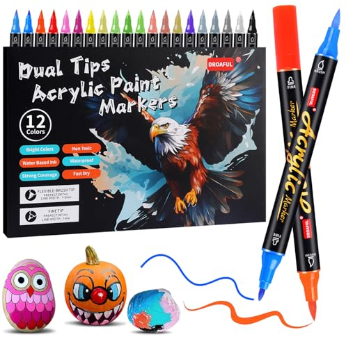 Droaful Acrylic Paint Pens Markers,12 Color Paint Markers Dual Fine & Brush Tips For Rock Painting,Fabric,Metal,Glass,Wood,Canvas,Ceramic,Plastic,Non-Toxic & Odor,Premium Art And DIY Craft Supplies