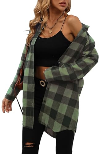 Jhsnjnr Damer flanell rutig skjorta blus knappslå v hals toppar lång skjorta oversize rutig skjorta långärmad skjorta, Grön, XL