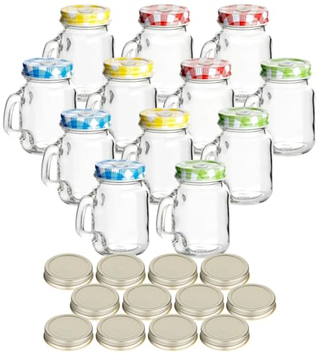 gouveo 12er Set Trinkgläser 110 ml (0,11 l) Trinkglas 110 ml mit Henkel und Schraubdeckel Schraubdeckel Farbmix, 2 Deckelvarianten mit/ohne Loch, kleine Partygläser (PACKCODE)