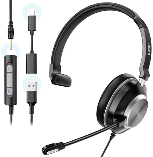 Voistek One-Ear USB Headset with Microphone,USB-A/Type-C/3.5mm jack mono Headphones with Noise Cancelling Mic PC Headsets for Laptop,Office, Call Center,Skype,Zoom,Online Chat