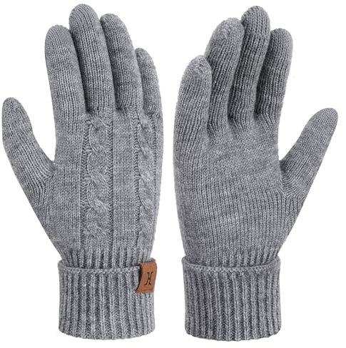 Bequemer Laden Thermo Touchscreen Handschuhe Damen Winter Warm Zopfmuster Winterhandschuhe Strickhandschuhe Fingerhandschuhe mit Elastisch Manschette Frauen Geschenk, Grau