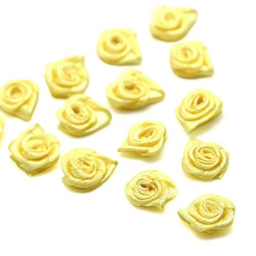 Blausky 200 Stück Satinrosen,1.5 cm Deko Rosen Mini Stoffblumen zum Basteln Annähen,Satinrosen Aufnäher Kleine Rosenköpfe,Künstliche Rosen für DIY Garland Haarschmuck Kleidung Scrapbooking,Gelb