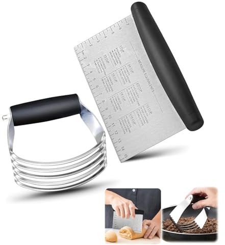 2er Pack Stainless Steel Pastry Blender Cutter and Bench Scraper Set, Efficient Multipurpose Kitchen Baking Tool with Ergonomic Grip Handle for Nut, Pie and Dough Processing (Cutter & Scraper)