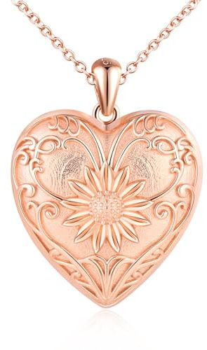 VIKILEE Herz Foto Kette Silber 925 mit Bild: Halskette Damen Blume Medaillon zum Öffnen für Bilder-Sonnenblume Anhänger Ketten Mode Schmuck-Personalisierte Geschenk für Frauen Mama Freundin Mädchen