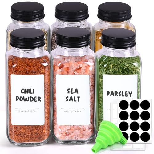 ComSaf 6Pcs 240ml Glass Spice Jars with Shaker Lids and Labels, Spice Jars Trial Set & Supplement Set, Empty Seasoning Containers and Square Spice Bottles for Kitchen and Seasoning