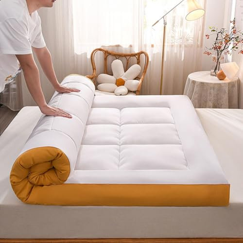 Japanische Futon-Matratzenauflage, extra dick, 10 cm, aufrollbar, für Gästebett, weiche Schmerzlinderung und atmungsaktiv, Doppelbett, Einzelbett, 200 x 220 cm, Weiß und Orange
