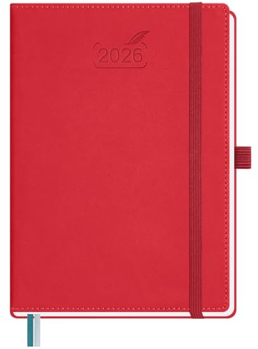 BEZEND Kalender 2026 Buchkalender A5 1 Woche 2 Seiten | Terminplaner 2026 Wochenplaner mit 100 g/m² Papier & Monats-Register | Planer & Terminkalender mit PU-Leder Hardcover - Rot