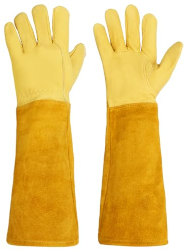 PEIZHIYC Lange Gartenhandschuhe L Schaffell Rosenhandschuhe für Damen und Herren Atmungsaktiv Dornenfeste Handschuhe mit Dornsicheren Stulpen, für Vielfältige Gartenarbeiten (L)