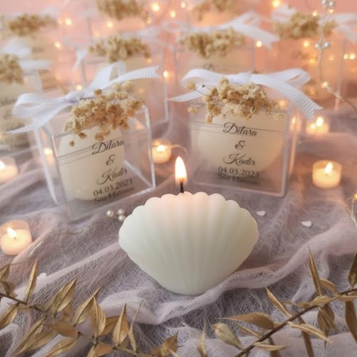 cadeau mariage invité bougie personnalisée, coquillage 100 Pièces parfumées bougie remerciement Idée petit cadeau pour merci baptêmes our mariage, cadeaux de fête, fiançailles