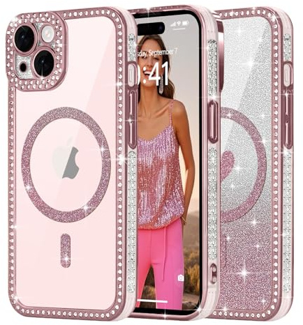 Ethanger Cover per iPhone 15 Plus/14 Plus [Glitter Card con Motivo a Cuore] Cristallo Diamanti Lucidi Custodia per Donne Ragazze Trasparente Antiurto Protettiva Cover Rosa