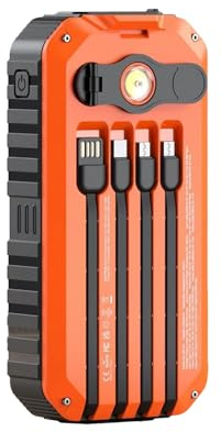 Kustimantu Chargeur Solaire Banque d'Énergie - Chargeur de Téléphone Portable | 20000 mAh avec Manivelle, Câbles Intégrés et Lampe Torche SOS pour Randonnée et Survie Domestique