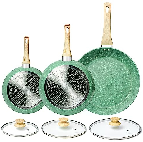 Innerwell 3-Piece Frying pan Set with lids, 20+24+28 cm, Non-Stick Induction Frying pan, Professional Non-Stick Granite Coating, PFOA-Free, Non-Toxic, Oven Safe, PFAS & PTFE & PFOA-Free,Green