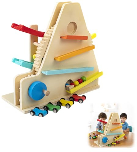 WRQIOO Kugelbahn Holz, Holzkugelbahn, Kugelbahn Autorennbahn 2-in-1-Spielset, Auto Spielzeug Kugelbahn Holz ab 1 2 Jahr, Murmelbahn ab 1 Jahr, Geschenke zum 1 2 3 Geburtstag