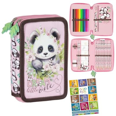 Goldkids - Federmäppchen 2 Fächer - Mäppchen für Mädchen und Jungen - Federmappe 2-Fach Federtasche Gefüllte Schüleretui Schulmäppchen und Hausaufgabenheft - Panda Motiv