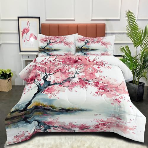 Edredón Relleno Nórdico 4 Estaciones Cama 90 140x200cm - Edredón Árboles De Cerezo En Flor Nórdico Estilo De Pintura con Tinta Suave Transpirable para Invierno, Primavera y Otoño, Rosa