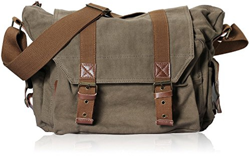 DremFreo Bolsa Cámara Réflex Lona Bolsa Fotográfica Bandolera con Inserto Extraíble para Cámara DSLR Objetivos Estilo Vintage 34x13x27cm bg507 (Verde Militar)