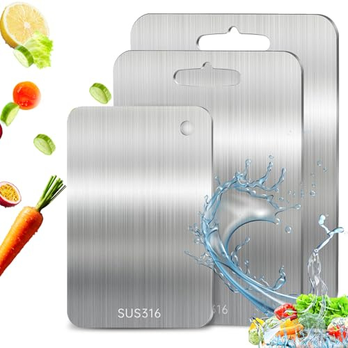 3 Pièces Planche à Découper Inox, 316 Planche en Inox, Planche À Découper Antiadhésive Double en Acier Inoxydable 316 pour Fruits, Viande, Légumes (39 * 28 cm+34 * 23 cm+29 * 20 cm)