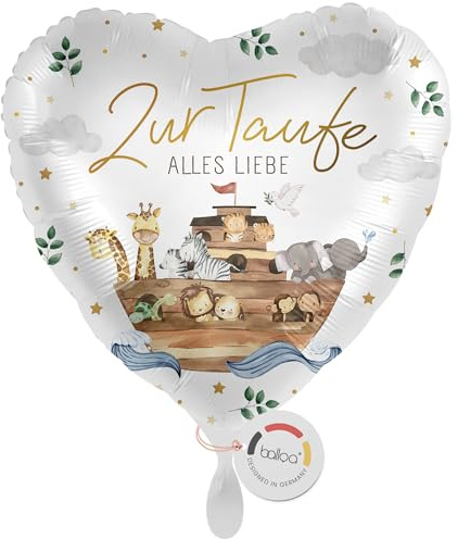 balloa Folienballon Zur Taufe Alles Liebe Arche Noah mit Tieren und Regenbogen, Geschenk zur Taufe für Jungen und Mädchen, Helium geeignet Luftballon, dekorative Deko für Kirche, Herzballon, 33cm