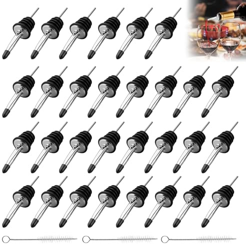 33PCS Liquor Bottle Speed Pourers with Rubber Dust Caps | 304 Stainless Steel Spirit Pourers, Safe, Durable and Easy to Clean, Tapered Spout, for Spirits and Wine