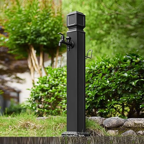 Columna de agua de jardín con pistola pulverizadora, fuente independiente para exteriores, columna de agua de 114 cm para manguera flexible (7,5 m) y gancho, ideal para riego y decoración de jardín