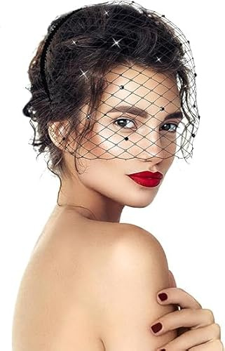 YUEXNKO Schwarzes Schleier Stirnband, Vintage Schleier Haarband für Damen, Schleier Mesh Stirnband, 1920er Jahre Damen Kopfschmuck, Schwarze Fascinators für Damen, für Mädchen und Frauen