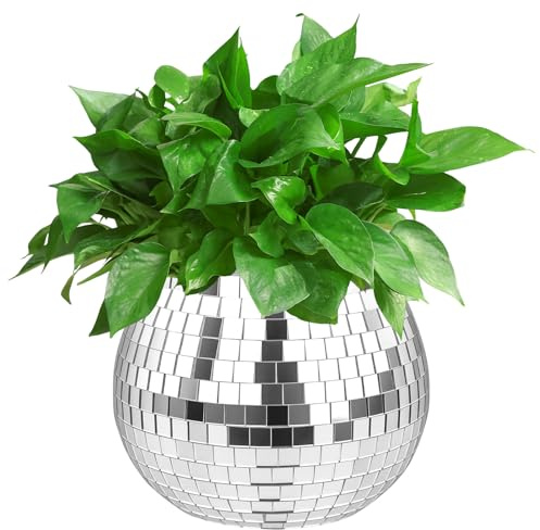 Pot de fleurs en forme de boule disco - Petite boule disco - Plantes - Boules disco décoratives - Macramé - Boule disco - Pot de fleurs décoratif pour fête, bureau, cuisine (argenté, 10,2 x 12,7 cm)
