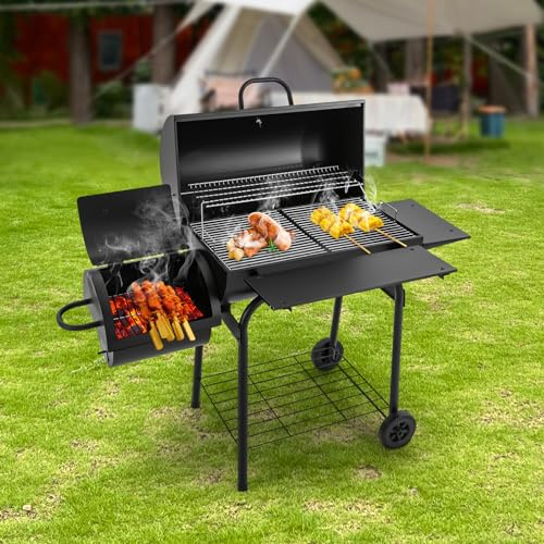 Barbacoa de carbón vegetal con dos zonas de barbacoa, termómetro, mesas delanteras y auxiliares, para exteriores, 146,8 x 69,9 x 127 cm