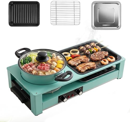 BEOSIOR Hot Pot Grill 2-in-1 Electric Grill with Hot Pot BBQ Grill Chafing Dish Indoor, Nonstick and Smokeless, 4L Control Electric BBQ Pot Cooker for 3-4 People 2200W for Party