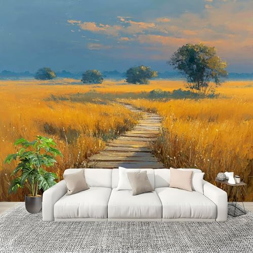 Geant Papier Peint Poster 200x140 cm Peint Champ de Blé Paysage Décoration murale intérieure Jaune Papier Peint Intissé Chambre Enfant pour Salle de Bain, Salon et Cuisine