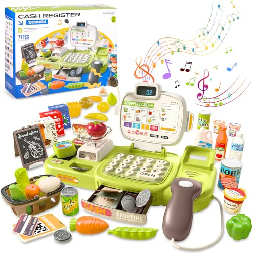 JUQG Juguetes Caja Registradora para Niños, 77 Accesorios, Caja Cosplay Juguetes con Escáner Calculadora y Verdadera Sonido, Juguete Supermercado Juego de rol para Niño Niña de 3 Años o Más