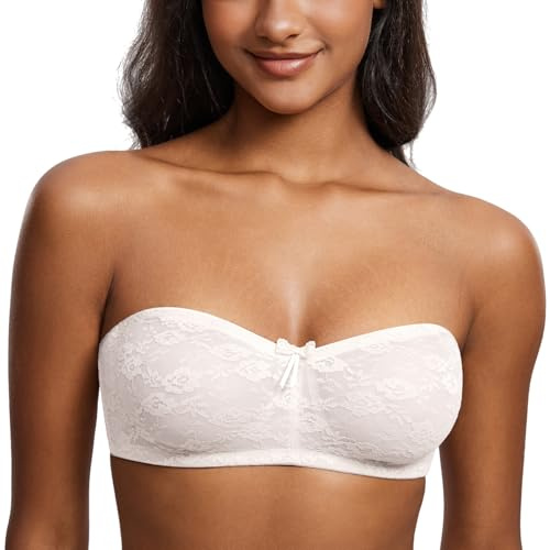 DELIMIRA Sujetador sin Tirantes Encaje para Mujer | con Aros, Tallas Grandes, Multiposicion, Bandeau