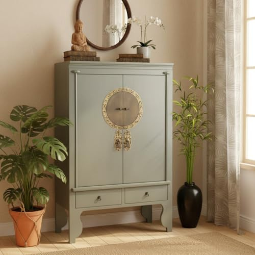 OPIUM OUTLET Chinesischer Hochzeitsschrank asiatischer Kleider-Schrank China Kommode Vintage Shabby orientalisch Oliv-grün