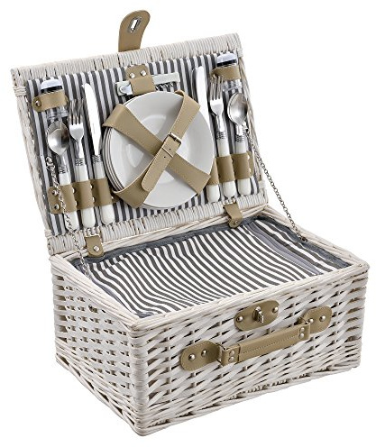 casa.pro Cestino da Picnic per 4 Persone Valigia Picnic in Rami di Salice Vintage Set Incluso Piatti Posate Bicchieri Borsa Termica Cavatappi Saliera Pepiera - Esterno Bianco