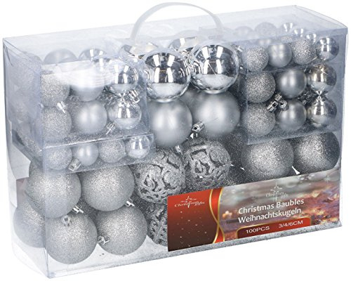 Kunststoff Christbaumkugel Set 100-teilig bruchsicher - Silber | Weihnachtskugeln inklusive Metall Haken - Weihnachtskugeln Deko Schmuck Anhänger für Weihnachtsbaum Christbaum Tannenbaum