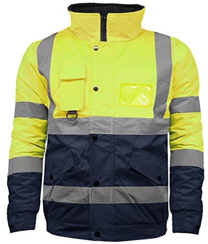 High Visibility Safety Security Reflective Protective Waterproof Workwear Bomber Jacket Fluorescent (XL, Yellow/Navy)