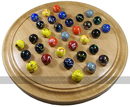 Masters Luxury Solitaire Game - Large Handmade Oak Board with 33 Assorted Giant Marbles - Strategy Game - Handmade in The UK