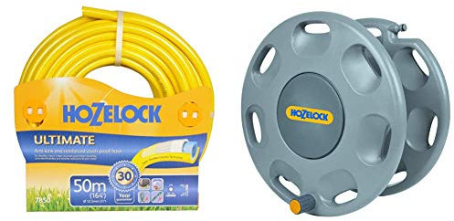 Hozelock 7850P0000 Ultimate Hose, 50 m, Yellow & Hozelock 2390D0000 60m Wall Mounted Reel without Hose and Nozzle (Yellow/Gray)