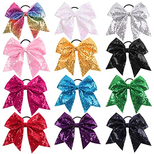 Oaoleer 12PCS 7 Large Glitter Cheer Hair Bows for Cheerleading