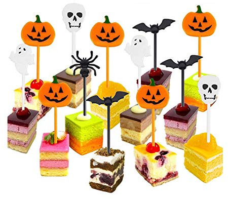 kungfu Mall 100 Stück Halloween-Cupcake-Topper Kuchen Obst Topper Dekoration Picks mit Geist Kürbis Laterne Skelette für Kinder Halloween Mottoparty