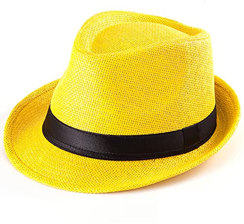 LADYBRO Sommer Stroh Trilby Hut ‌für Herren 1920er Kurze Krempe Fedora Hut, 58cm, Gelb