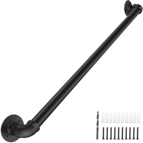 PNBO Wall Handrail 4FT/120CM,Industrial Staircase Railing 1.25 Inch Tube Diameter,Galvanized Pipe,Handrails for Indoor Stairs with Wall Mount Support,for Wall Mounted Stairway Handrail