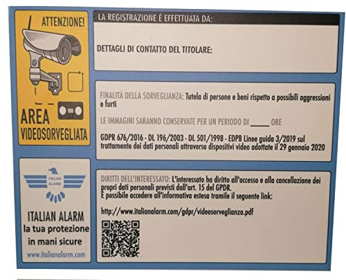 ITALIAN ALARM - Area Videosorveglianza Cartello, Cartelli Area Videosorvegliata a Norma di Legge, Aggiornato Linee guida adottate 29 Gennaio 2020. Forex alta qualità 3 mm, dimensioni 235 x 190 mm
