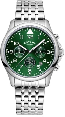 Rotary Herren Chronograph Analog Quarz Uhr mit grünem Zifferblatt und silbernem Edelstahlarmband GB00475/56, Armband